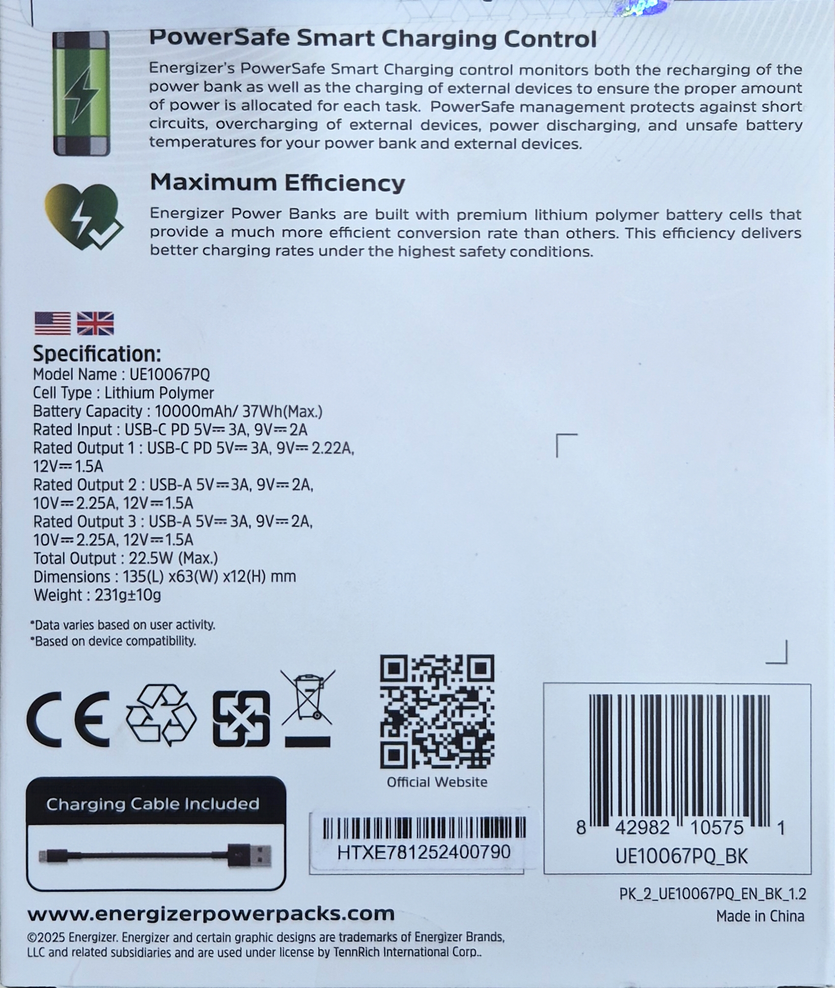 پاوربانک انرجایزر UE10067PQ ظرفیت 10000mAh | شارژ سریع 22.5W